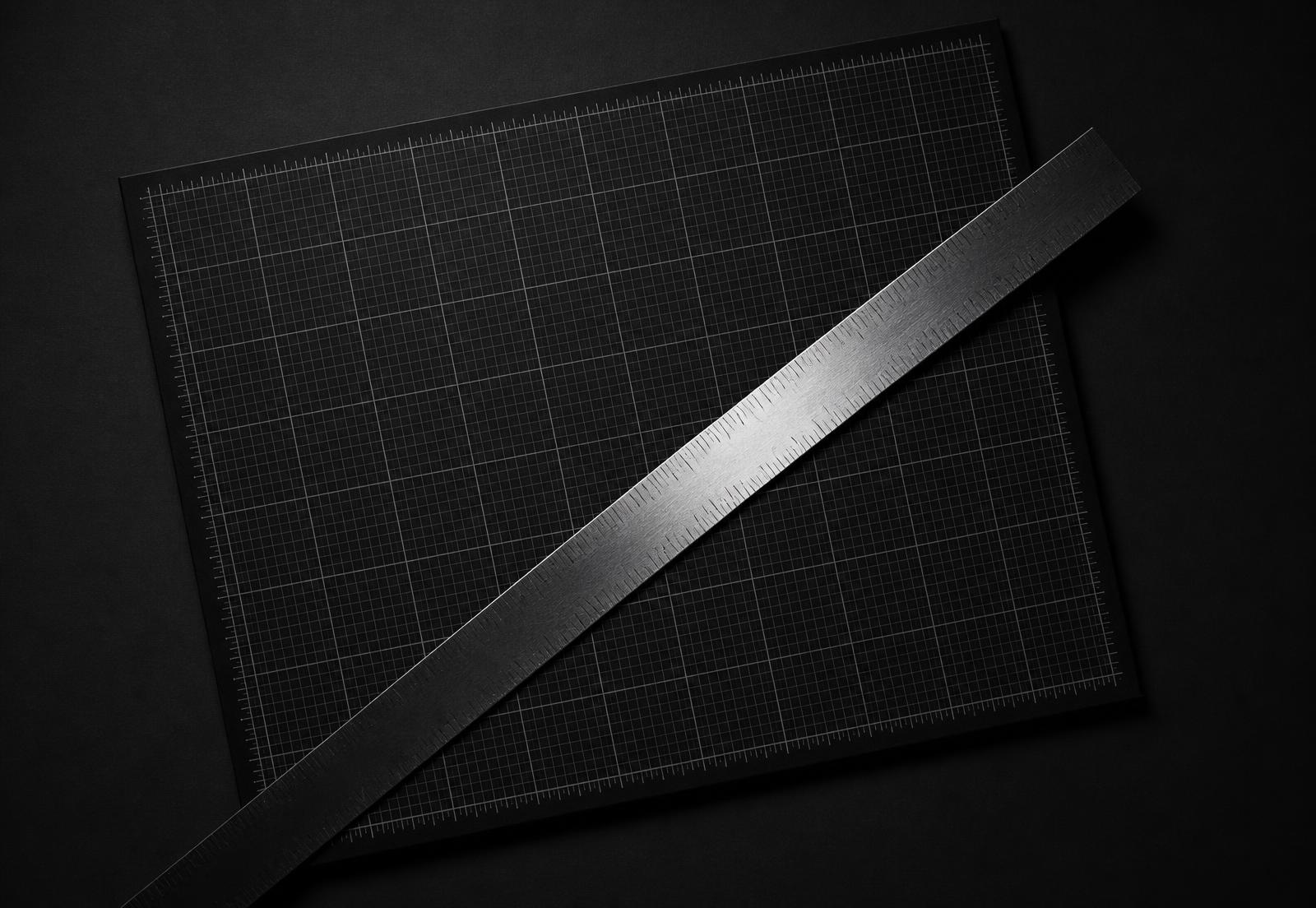 Black analytical graph paper with a steel measuring rule laid across it