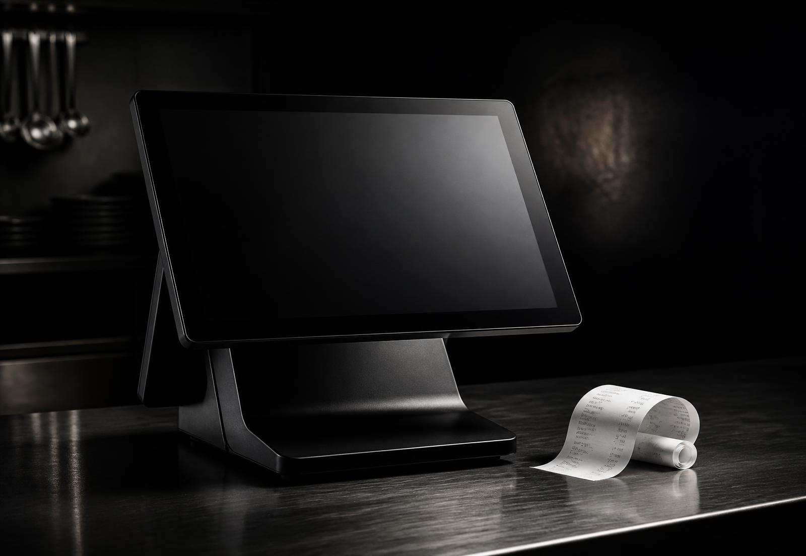 Matte black point-of-sale terminal and thermal receipt on a dark restaurant counter